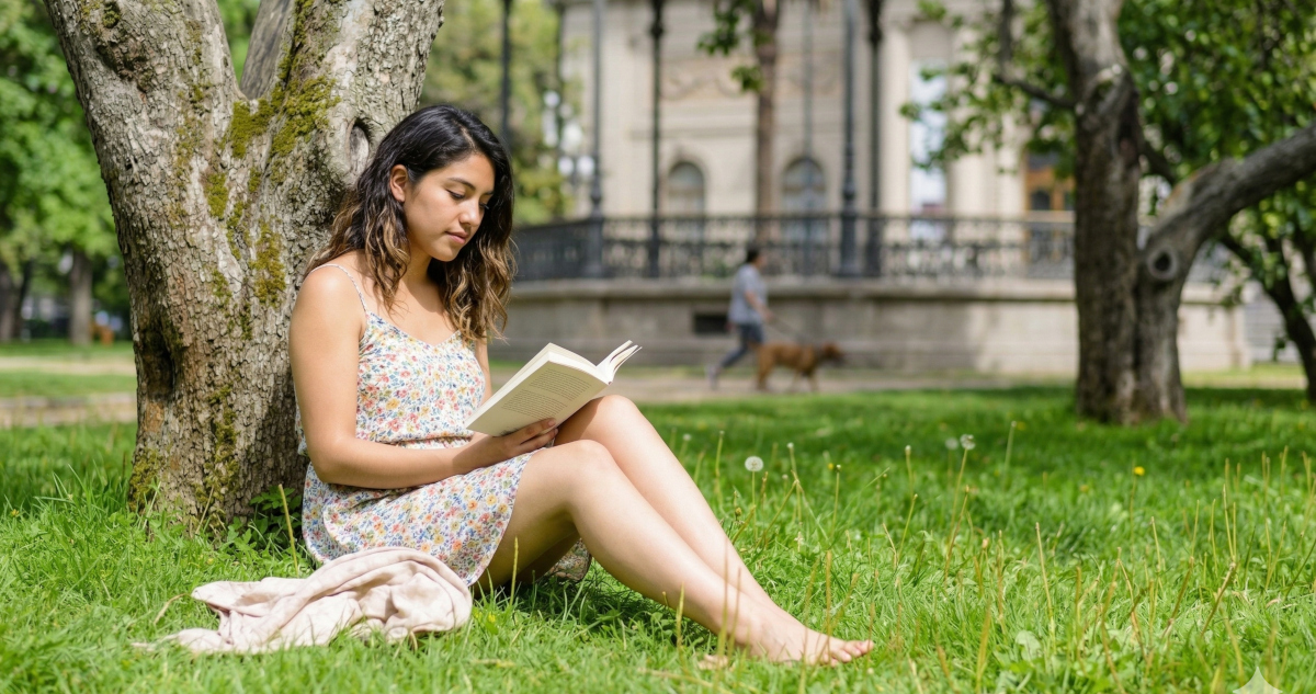 Joven leyendo sobre el paso en el Parque Forestal de Santiago