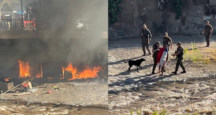 Operativo de retiro de rucos en el río Mapocho termina con incendio intencional