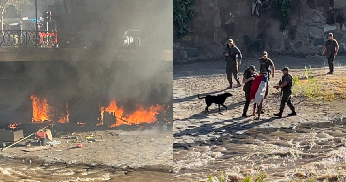 Operativo de retiro de rucos en el río Mapocho termina con incendio intencional