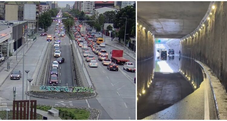 Paso soterrado de Los Carrera inundado