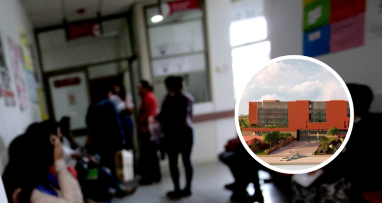 Gente esperando en un recinto hospitalario e imagen del futuro Instituto Nacional del Cáncer