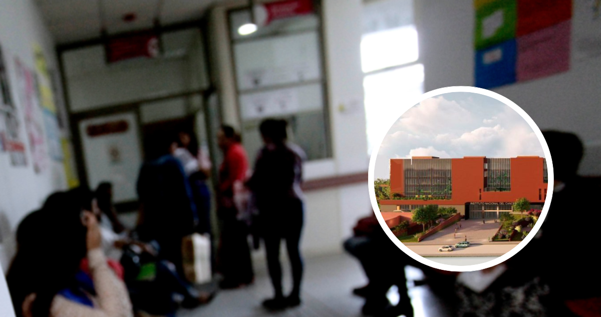 Gente esperando en un recinto hospitalario e imagen del futuro Instituto Nacional del Cáncer
