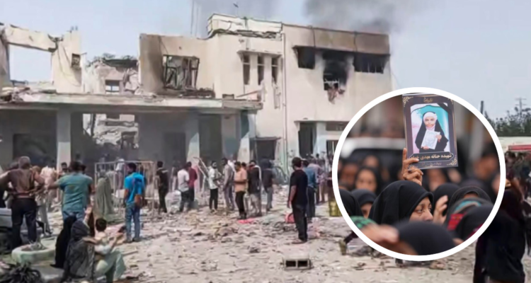 Escuela de niñas bombardeada en Irán y foto de ceremonia fúnebre de las víctimas.