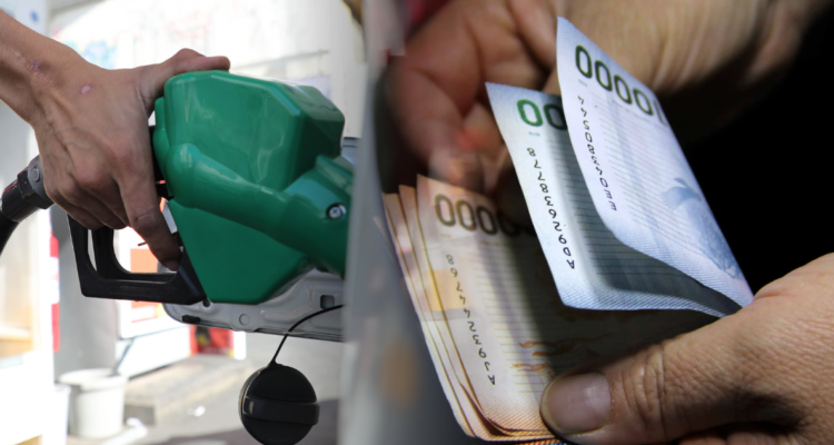 Carga de combustible y manos de persona contando billetes