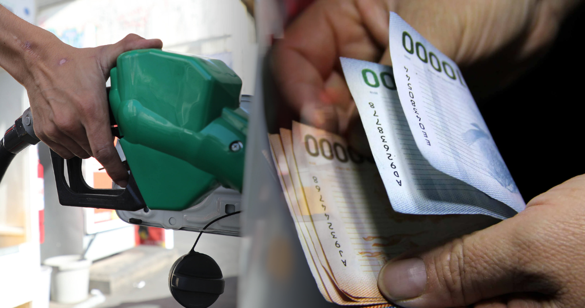 Carga de combustible y manos de persona contando billetes
