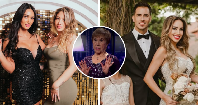 Pamela Díaz junto a su hija Trini Neira y Marité Matus junto a miniatura de Camilo Huerta