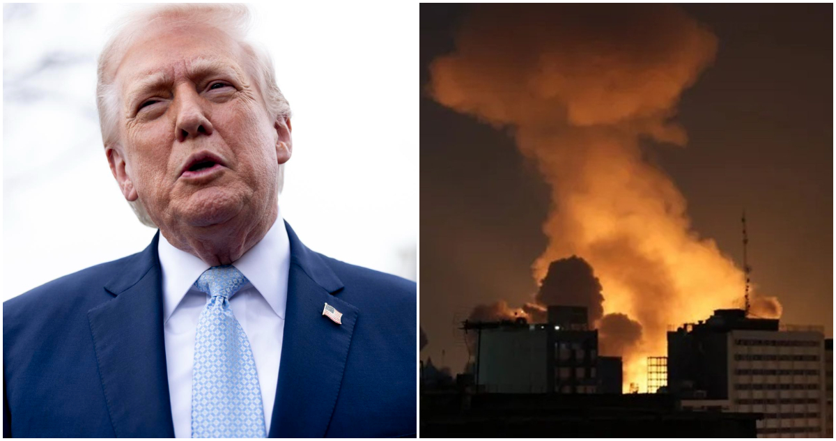 El presidente de EEUU, Donald Trump (I) y un ataque sobre Teherán (D)