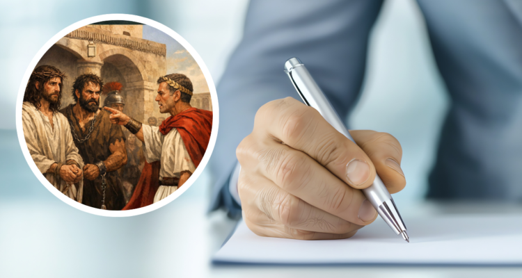 Imagen de Poncio Pilato, Jesús y Barrabás. Y foto de contexto de hombre firmando un indulto.