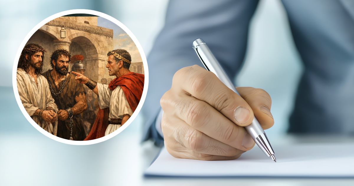 Imagen de Poncio Pilato, Jesús y Barrabás. Y foto de contexto de hombre firmando un indulto.