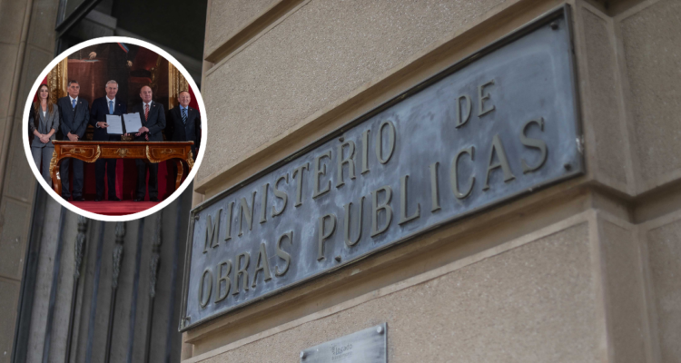 Fachada del Ministerio de Obras Públicas (MOP) y firma del Plan de Reconstrucción Nacional.
