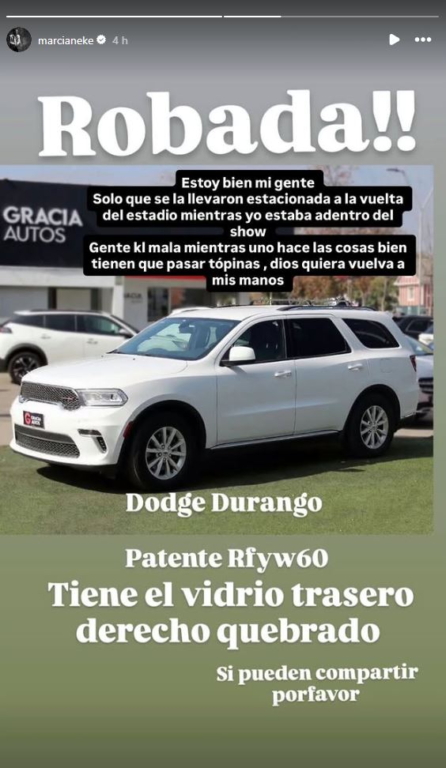 Instagram Storie de Marcianeke de auto robado