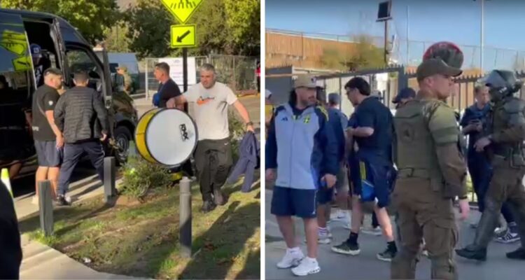 Cantando, con bombos y bajo custodia policial: la llegada de hinchas de Boca al Claro Arena