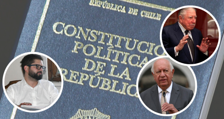 Foto de fondo de la Constitución Política y fotos de Boric, Pinochet y Lagos.