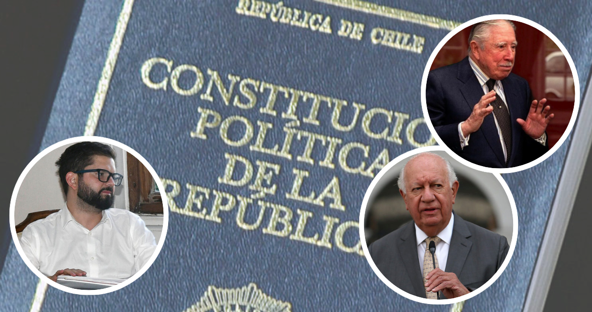 Foto de fondo de la Constitución Política y fotos de Boric, Pinochet y Lagos.