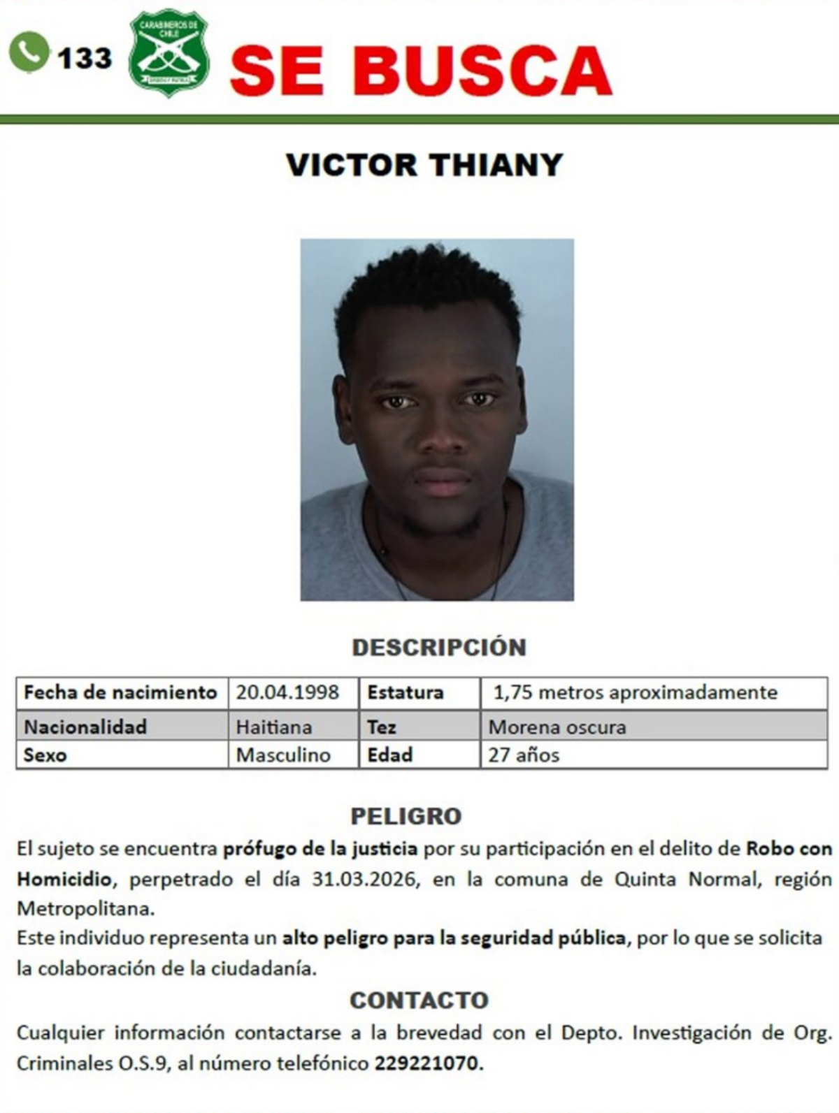 Carabineros emite alerta por ciudadano haitiano acusado de asesinar a comerciante que le dio trabajo