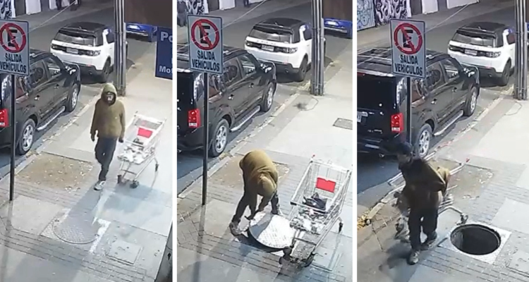 Captan a ladrón de tapa metálica en Concepción: la cubrió y se la llevó en carro de supermercado