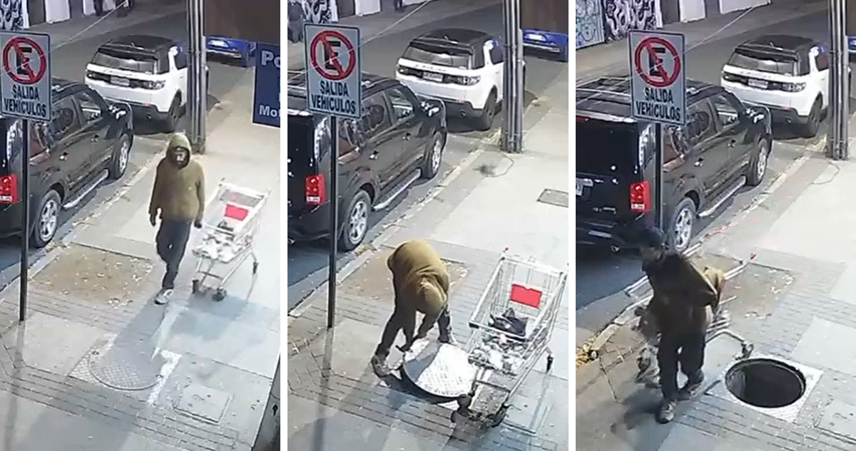 Captan a ladrón de tapa metálica en Concepción: la cubrió y se la llevó en carro de supermercado
