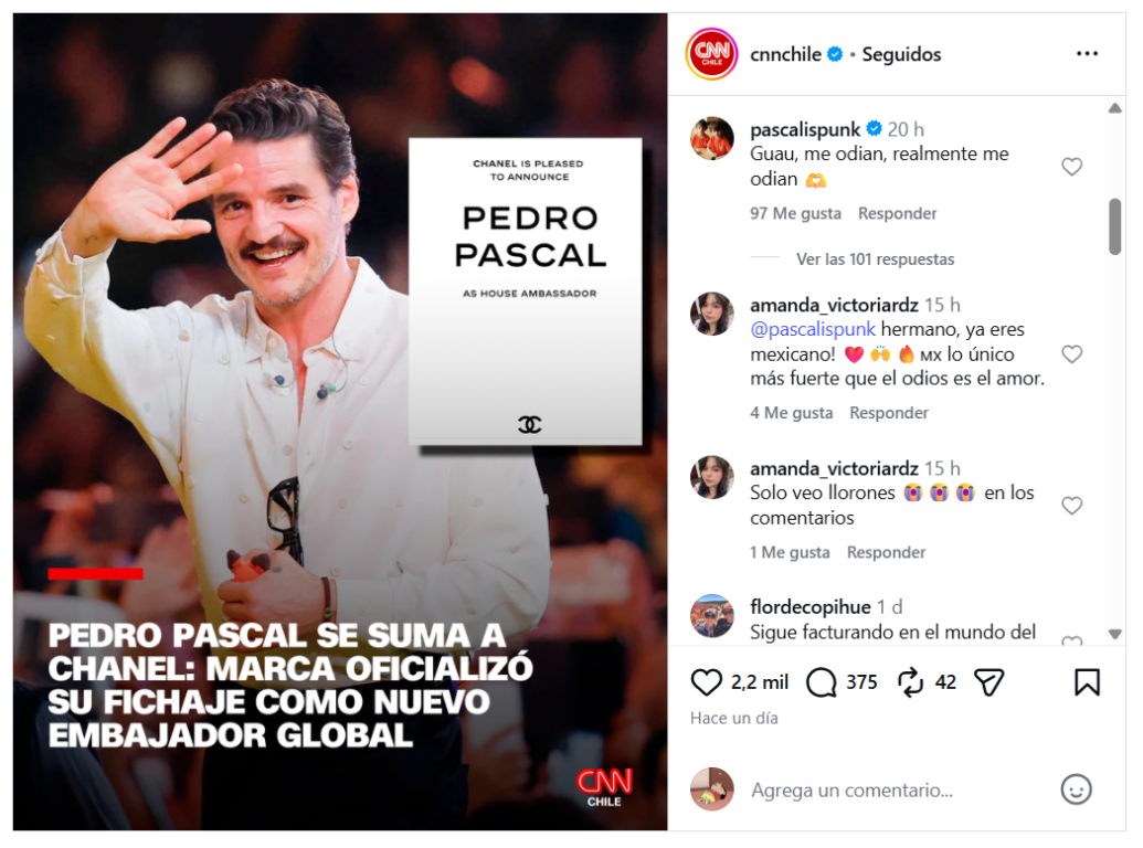 Captura del comentario de Pedro Pascal en CNN Chile