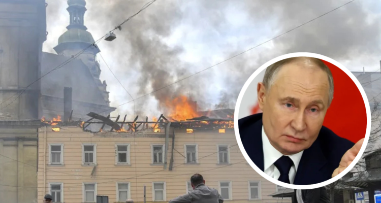 Edificio bombardeado en Ucrania. Foto de Vladimir Putin.