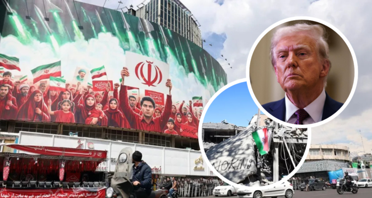 Calles de Irán, foto de infraestructura destruida y foto de Donald Trump.