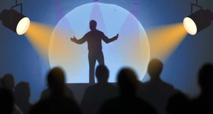 Ilustración de político en un escenario alumbrado con focos.