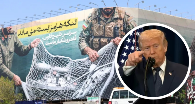 Una valla con el mensaje “El estrecho de Ormuz permanecerá cerrado” en la plaza Enghelb de Teherán. Y foto del presidente de Estados Unidos, Donald Trump.