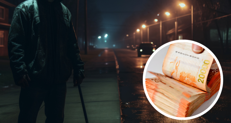 Delincuente en calle oscura. Y foto de billetes de 20 mil pesos.
