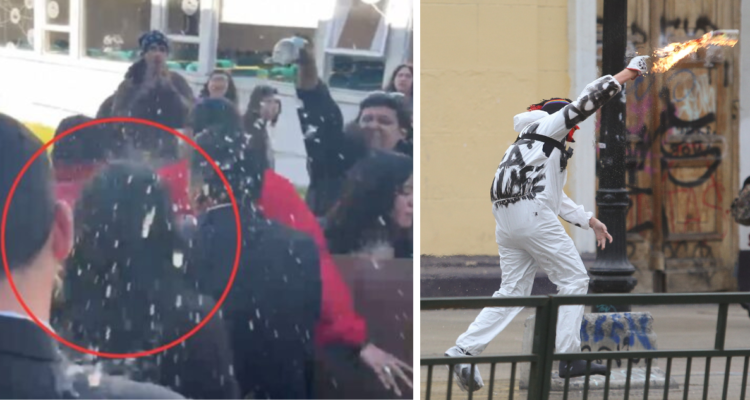 Agresión a ministra. Y foto de overoles blancos con artefactos incendiarios.