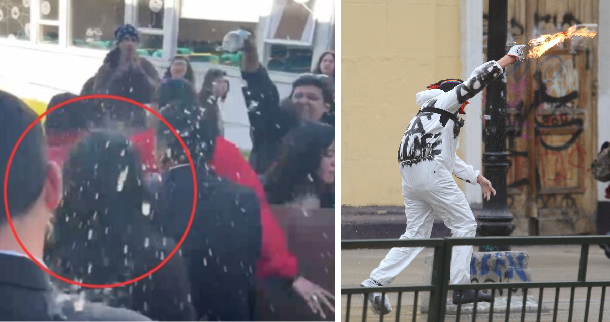 Agresión a ministra. Y foto de overoles blancos con artefactos incendiarios.