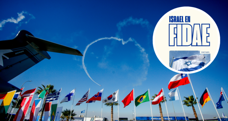 Foto de contexto de Fidae 2026 y captura de imagen de redes sociales de la Embajada de Israel “Israel en Fidae”