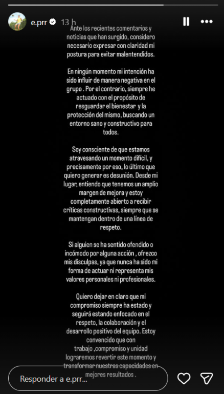 Enzo Roco mensaje en Instagram