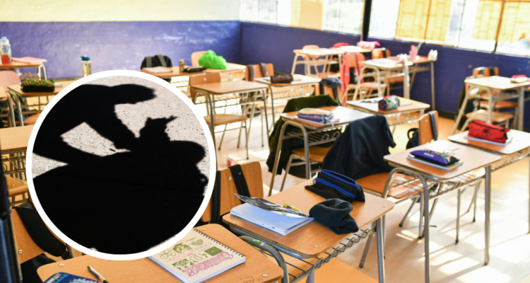 Sala de clases y foto de sombra de escolares peleando.