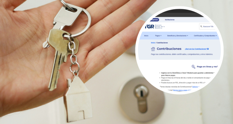 Persona con las llaves de su casa y captura de plataforma para pago de contribuciones.