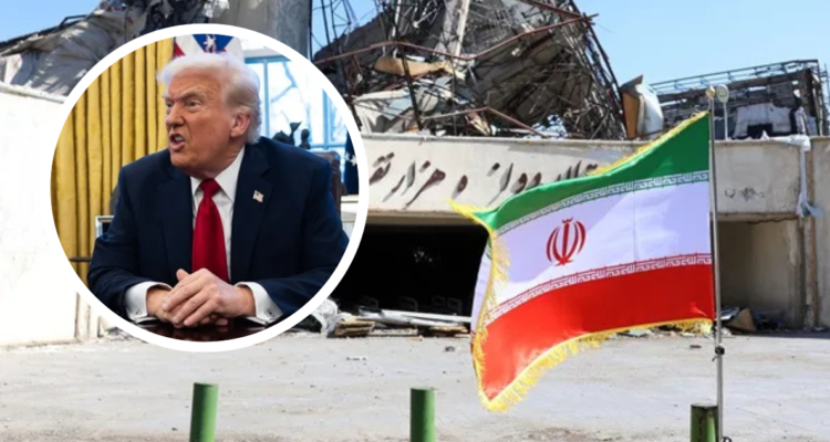 Trump y foto de edificio bombardeado y bandera de Irán