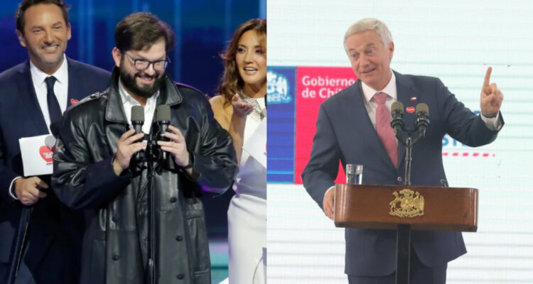 Foto de Gabriel Boric usando la gabardina de Emmanuel y José Antonio Kast