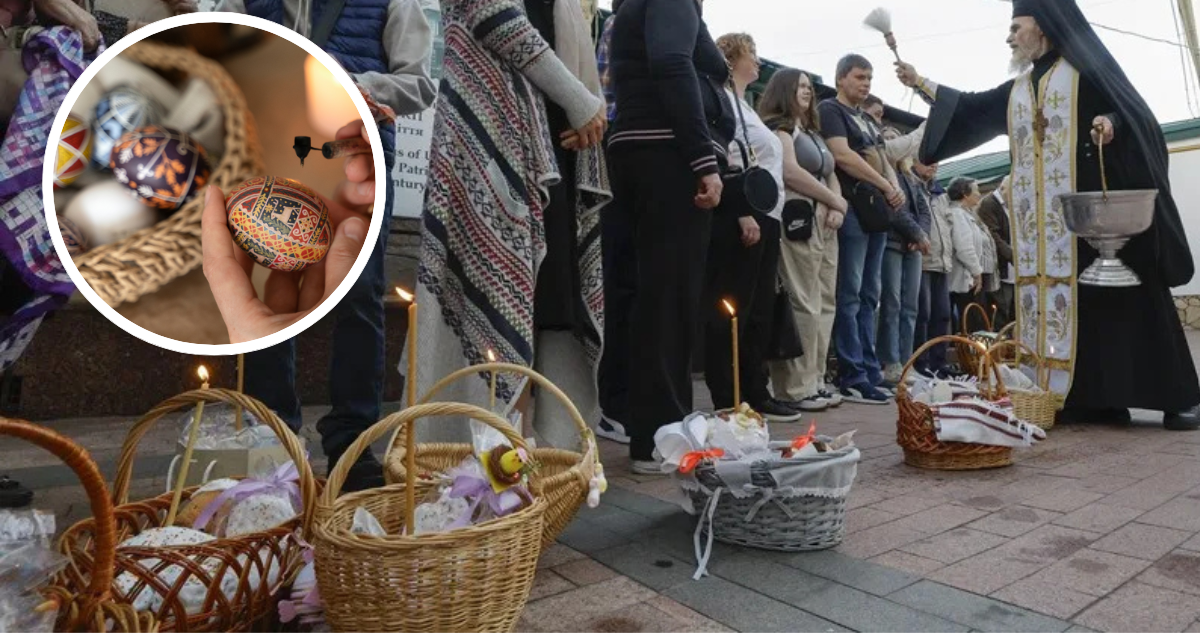 Un sacerdote ucraniano bendice a los fieles y sus cestas en Kiev. Y foto de huevos pintados.
