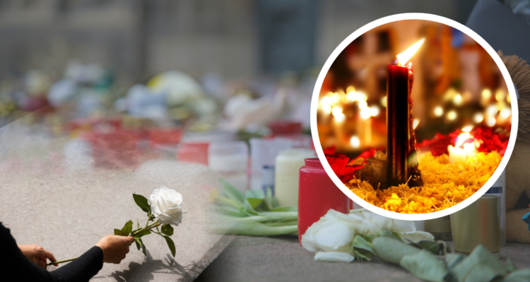 Foto de contexto de flores y velas para columna sobre animita de “San Lillo”.