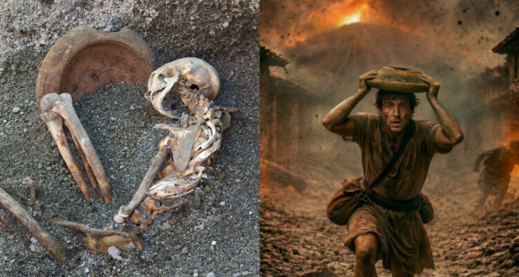 Fotos de los restos encontrados en Pompeya y la ilustración con IA