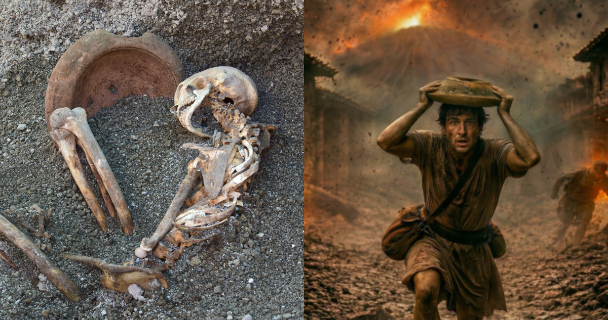Fotos de los restos encontrados en Pompeya y la ilustración con IA