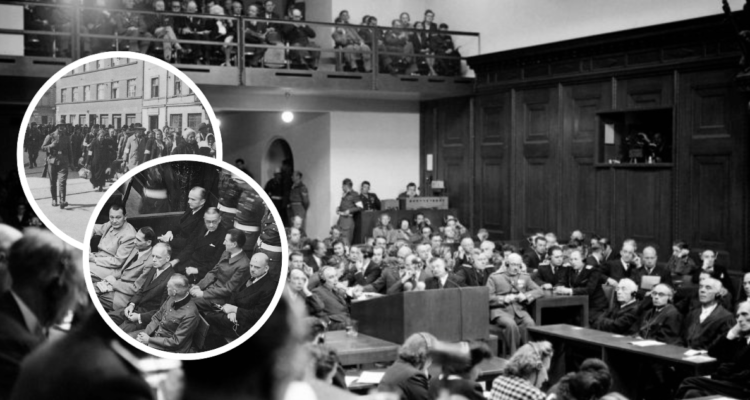 Juicio de Nuremberg y foto de judíos llevados por los nazis a un campo de concentración.