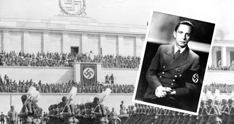 Desfile de hombres del Servicio de Trabajo del Reich ante Adolf Hitler. Y foto de Joseph Goebbels.