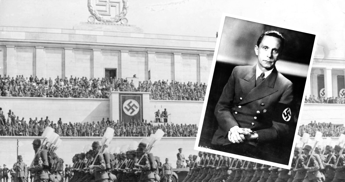 Desfile de hombres del Servicio de Trabajo del Reich ante Adolf Hitler. Y foto de Joseph Goebbels.