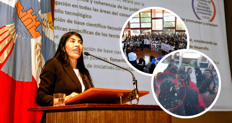 Ministra Lincolao y fotos de protesta y agresión en su contra.