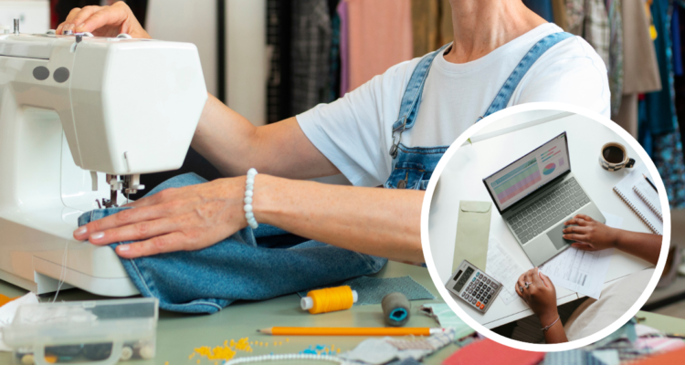Mujer trabajando en una pyme de costura. Y persona usando calculadora.