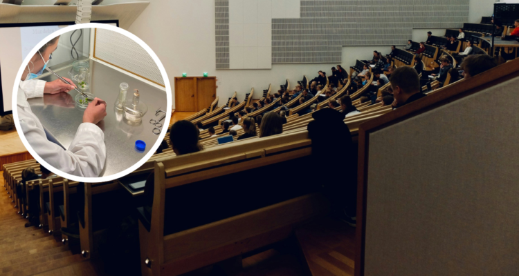 Foto de contexto de auditorio y foto de científica.