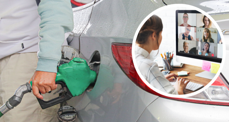 Persona cargando combustible y foto de persona teletrabajando