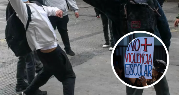 Escolares en el patio de escuela. Y foto de letrero que dice: No más violencia escolar.