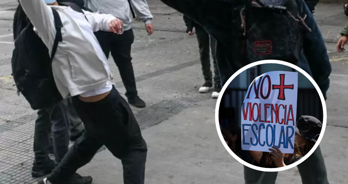 Escolares en el patio de escuela. Y foto de letrero que dice: No más violencia escolar.