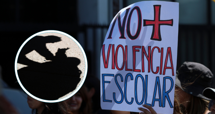 Cartel con la frase: No más violencia escolar. Y foto de sombras de escolares peleando.