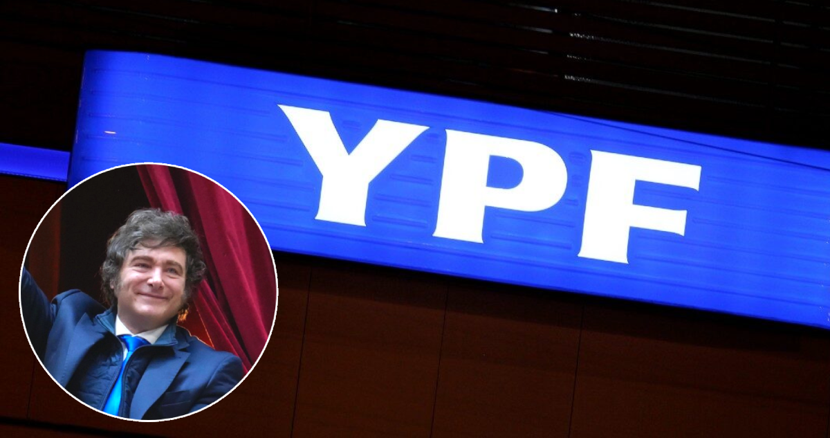 Edición fotográfica con el emblema de YPF al fondo y al frente el rostro de Javier Milei en un círculo.